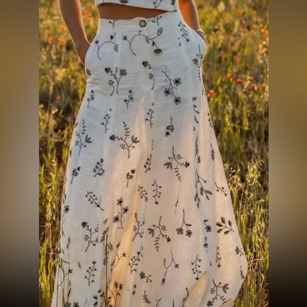 ZARA ECRU WHITE EMBROIDERED LINEN LONG SKIRT FLORAL, SIZE L, NWT 2731/093